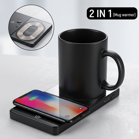 2 In 1 Heating Mug Cup Warmer Electric Wireless Charger For Home Office Coffee Milk